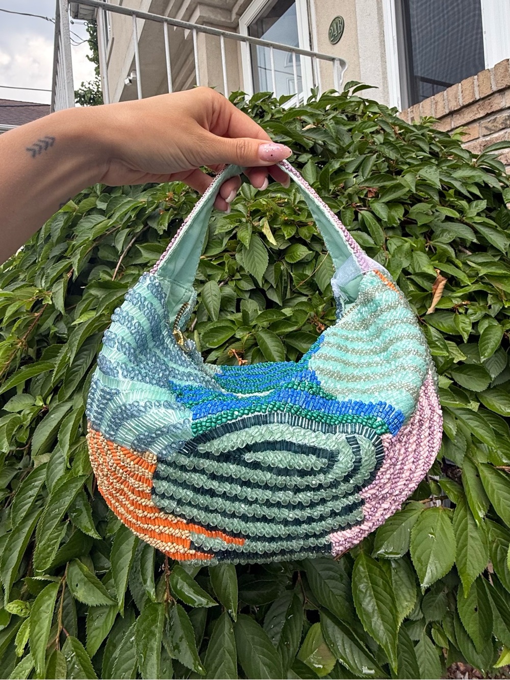 Viral STAUD Inspired Crescent Beaded Hobo Bag Colorful Blue Pink Coral Purse